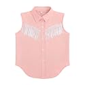 Girls Fringe Shirt Sleeveless Button Down Western Cowgirl Tassel Trim Casual Blouse Shirt Top 4-13Y