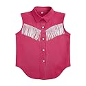 Girls Fringe Shirt Sleeveless Button Down Western Cowgirl Tassel Trim Casual Blouse Shirt Top 4-13Y