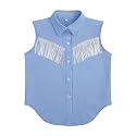 Girls Fringe Shirt Sleeveless Button Down Western Cowgirl Tassel Trim Casual Blouse Shirt Top 4-13Y