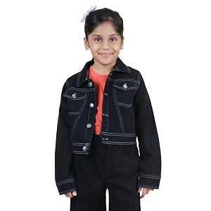 Girls Full Sleeve Solid Crop Denim Jacket