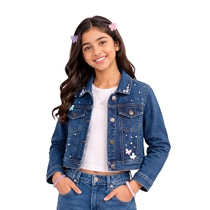 Girls Full Sleeve Solid Crop Denim Jacket