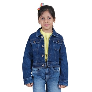 Girls Full Sleeve Solid Crop Denim Jacket