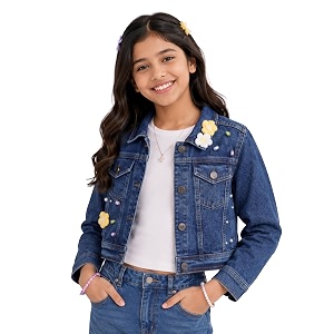 girls full sleeve solid crop denim jacket
