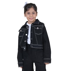 Girls Full Sleeve Solid Crop Denim Jacket