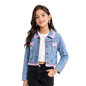 Girls Full Sleeve Solid Crop Denim Jacket