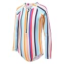 Girls Long Sleeve Rash Guard One Piece Swimsuit Kids UPF 50+ Sun Protection Swimwear Rainbow Striped Bathing Suit 3-14 Years