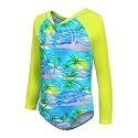 Girls Long Sleeve Rash Guard One Piece Swimsuit Kids UPF 50+ Sun Protection Swimwear Rainbow Striped Bathing Suit 3-14 Years