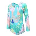 Girls Long Sleeve Rash Guard One Piece Swimsuit Kids UPF 50+ Sun Protection Swimwear Rainbow Striped Bathing Suit 3-14 Years