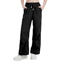 Girls Parachute Cargo Pants Drawstring Waterproof Causal Hiking Pants for Girls Pockets Lightweight Running Joggers