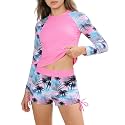 Girls Rash Guard Swimsuits 2 Pieces Long Sleeve Bathing Suits Printed Girls' Swimwear for 6-14Years