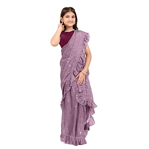 girls ready to wear supernet saree with unstitched blouse piece  embellished traditional ethnic ocassion wear wear saree  fancy wedding festival birthday dress for kids