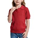 Girls Short Sleeve Polo Shirt Summer Knit School Uniform Blouse V Neck Cable Pullover Sweater Tops 5-14 Years