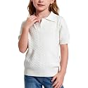 Girls Short Sleeve Polo Shirt Summer Knit School Uniform Blouse V Neck Cable Pullover Sweater Tops 5-14 Years