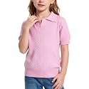 Girls Short Sleeve Polo Shirt Summer Knit School Uniform Blouse V Neck Cable Pullover Sweater Tops 5-14 Years