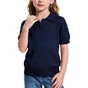 Girls Short Sleeve Polo Shirt Summer Knit School Uniform Blouse V Neck Cable Pullover Sweater Tops 5-14 Years