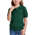 Girls Short Sleeve Polo Shirt Summer Knit School Uniform Blouse V Neck Cable Pullover Sweater Tops 5-14 Years