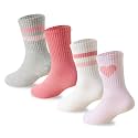 Girls Socks Kids Pink Crew Socks with Hearts Striped for Children