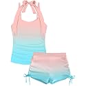 Girls Swimsuit 2 Piece Halterneck Girls Tankini Swimsuit Drawstring Printed Swim Shorts Girl Bathing Suit for 7-18T