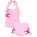 Girls Swimsuit 2 Piece Halterneck Girls Tankini Swimsuit Drawstring Printed Swim Shorts Girl Bathing Suit for 7-18T