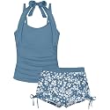 Girls Swimsuit 2 Piece Halterneck Girls Tankini Swimsuit Drawstring Printed Swim Shorts Girl Bathing Suit for 7-18T
