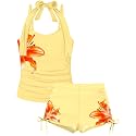 Girls Swimsuit 2 Piece Halterneck Girls Tankini Swimsuit Drawstring Printed Swim Shorts Girl Bathing Suit for 7-18T