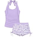 Girls Swimsuit 2 Piece Halterneck Girls Tankini Swimsuit Drawstring Printed Swim Shorts Girl Bathing Suit for 7-18T