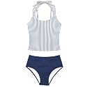 Girls Swimsuit 2 Piece Halterneck Girls Tankini Swimsuit Drawstring Printed Swim Shorts Girl Bathing Suit for 7-18T