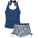 Girls Swimsuit 2 Piece Halterneck Girls Tankini Swimsuit Drawstring Printed Swim Shorts Girl Bathing Suit for 7-18T