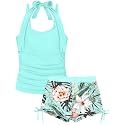 Girls Swimsuit 2 Piece Halterneck Girls Tankini Swimsuit Drawstring Printed Swim Shorts Girl Bathing Suit for 7-18T