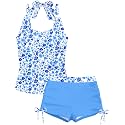 Girls Swimsuit 2 Piece Halterneck Girls Tankini Swimsuit Drawstring Printed Swim Shorts Girl Bathing Suit for 7-18T