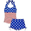 Girls Swimsuit 2 Piece Halterneck Girls Tankini Swimsuit Drawstring Printed Swim Shorts Girl Bathing Suit for 7-18T