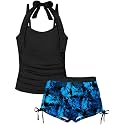 Girls Swimsuit 2 Piece Halterneck Girls Tankini Swimsuit Drawstring Printed Swim Shorts Girl Bathing Suit for 7-18T