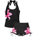 Girls Swimsuit 2 Piece Halterneck Girls Tankini Swimsuit Drawstring Printed Swim Shorts Girl Bathing Suit for 7-18T
