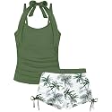 Girls Swimsuit 2 Piece Halterneck Girls Tankini Swimsuit Drawstring Printed Swim Shorts Girl Bathing Suit for 7-18T