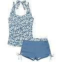 Girls Swimsuit 2 Piece Halterneck Girls Tankini Swimsuit Drawstring Printed Swim Shorts Girl Bathing Suit for 7-18T