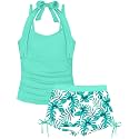 Girls Swimsuit 2 Piece Halterneck Girls Tankini Swimsuit Drawstring Printed Swim Shorts Girl Bathing Suit for 7-18T