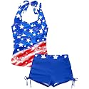 Girls Swimsuit 2 Piece Halterneck Girls Tankini Swimsuit Drawstring Printed Swim Shorts Girl Bathing Suit for 7-18T
