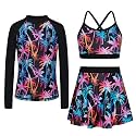 Girls Swimsuit Long Sleeve Swim Shirt 3 Piece Rash Guard for Girls Bathing Suit with Boyshorts