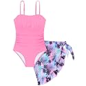 Girls Swimsuit One Piece Swimwear Top with Tropical Print Cover Up Skirt Girls Bathing Suit 6-16 Years