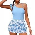 Girls Swimsuit One Piece Swimwear Top with Tropical Print Cover Up Skirt Girls Bathing Suit 6-16 Years