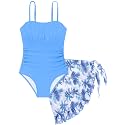 Girls Swimsuit One Piece Swimwear Top with Tropical Print Cover Up Skirt Girls Bathing Suit 6-16 Years
