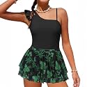 Girls Swimsuit One Piece Swimwear Top with Tropical Print Cover Up Skirt Girls Bathing Suit 6-16 Years