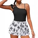 Girls Swimsuit One Piece Swimwear Top with Tropical Print Cover Up Skirt Girls Bathing Suit 6-16 Years
