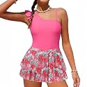Girls Swimsuit One Piece Swimwear Top with Tropical Print Cover Up Skirt Girls Bathing Suit 6-16 Years