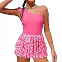 Girls Swimsuit One Piece Swimwear Top with Tropical Print Cover Up Skirt Girls Bathing Suit 6-16 Years
