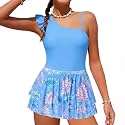 Girls Swimsuit One Piece Swimwear Top with Tropical Print Cover Up Skirt Girls Bathing Suit 6-16 Years