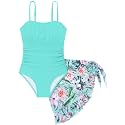 Girls Swimsuit One Piece Swimwear Top with Tropical Print Cover Up Skirt Girls Bathing Suit 6-16 Years