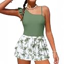 Girls Swimsuit One Piece Swimwear Top with Tropical Print Cover Up Skirt Girls Bathing Suit 6-16 Years