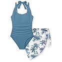 Girls Swimsuit Set - Halter Neck One Piece Bathing Suit with Tropical Cover Up Skirt Swimwear for Kids 7-18Y