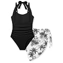 Girls Swimsuit Set - Halter Neck One Piece Bathing Suit with Tropical Cover Up Skirt Swimwear for Kids 7-18Y